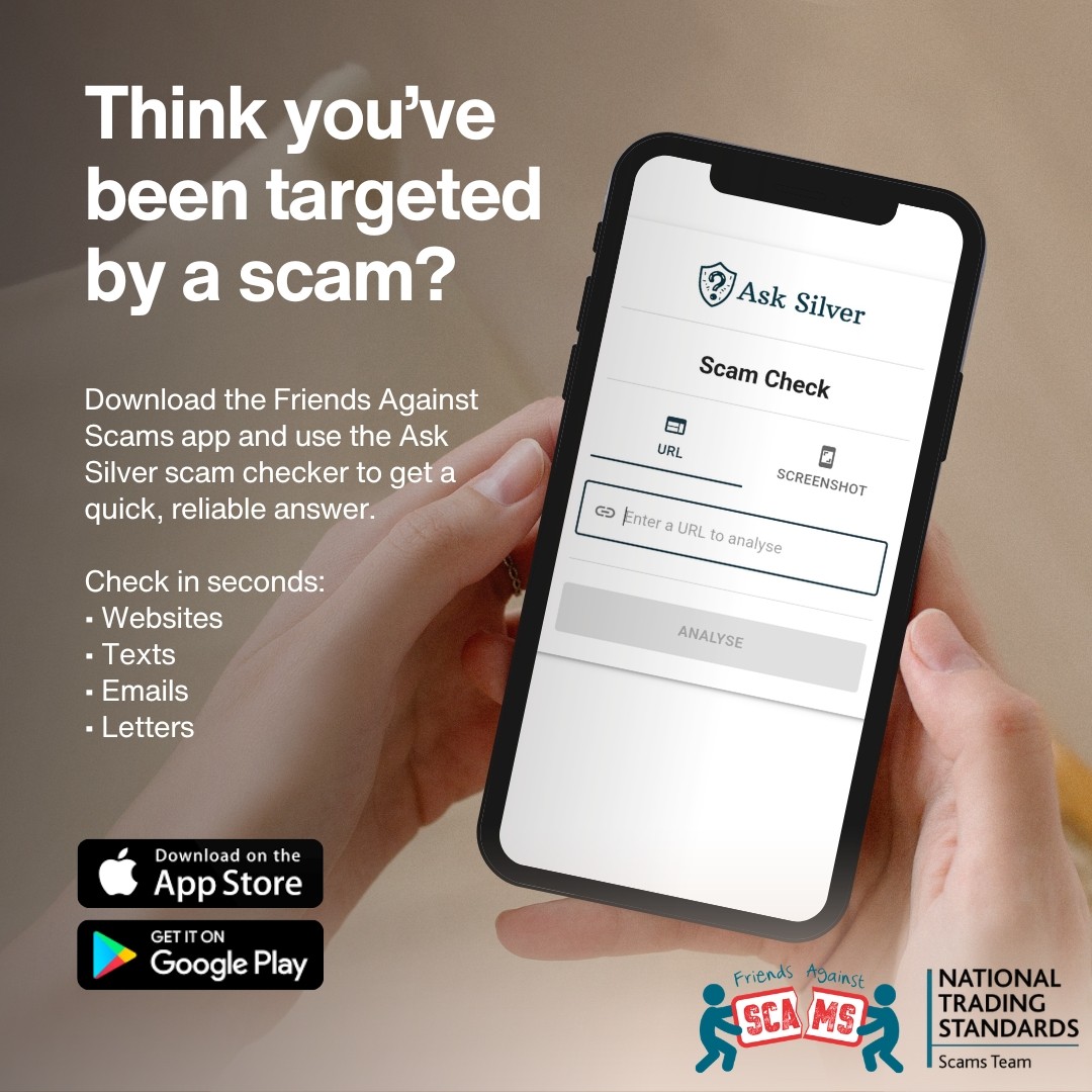 been targeted by scam? download app brown poster